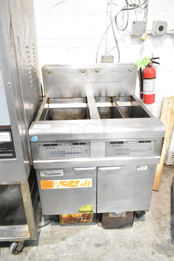 Frymaster FPGL230 stainless steel 2-bay deep fat fryer, natural gas, 75,000 BTU, commercial use, visible control panel.
