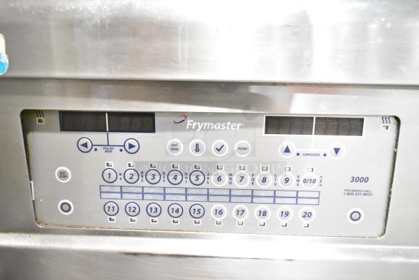 Frymaster FPGL230 stainless steel commercial fryer, 2-bay, natural gas, 75,000 BTU, control panel detail.
