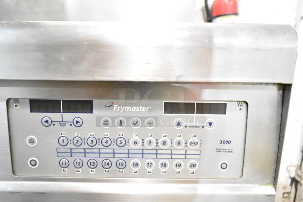Frymaster FPGL230 stainless steel 2-bay deep fat fryer control panel, 75,000 BTU, natural gas powered, commercial grade.