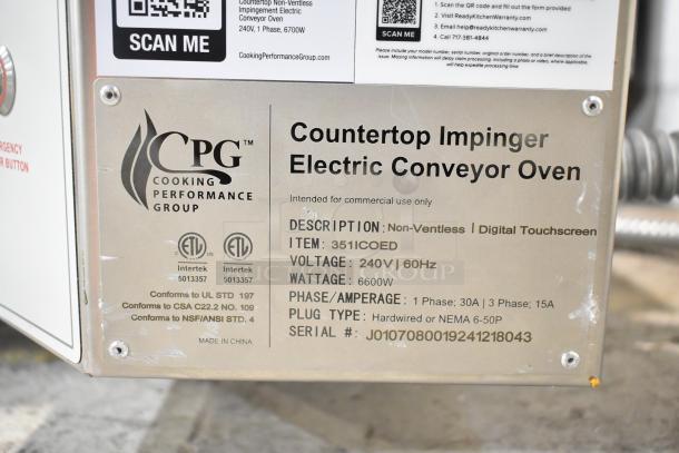 BRAND NEW Cooking Performance Group CPG 351ICOED Stainless Steel Commercial Conveyor Pizza Oven, 240V, 1 Phase, Scratch and Dent.