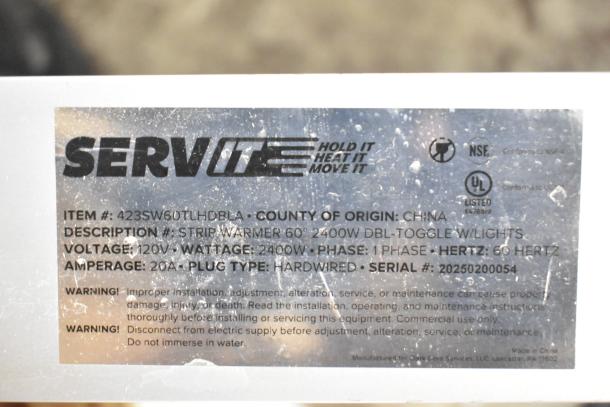Label of ServIt 423SW60TLHDBLA 60" lighted double strip warmer, detailing voltage 120V, wattage 2400W, 1-phase, made in China.