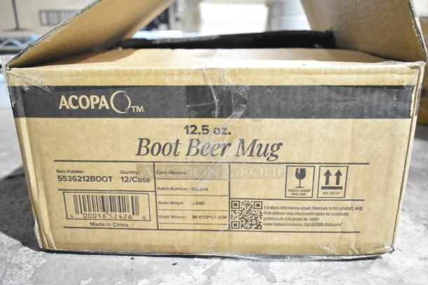 Acopa 12.5 oz. Boot Beer Mug box. Item #5536212BOOT, 12 mugs per case, displayed in original packaging.