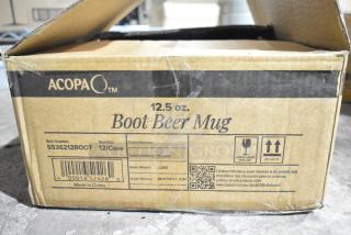 Acopa 12.5 oz. Boot Beer Mug box. Item #5536212BOOT, 12 mugs per case, displayed in original packaging.