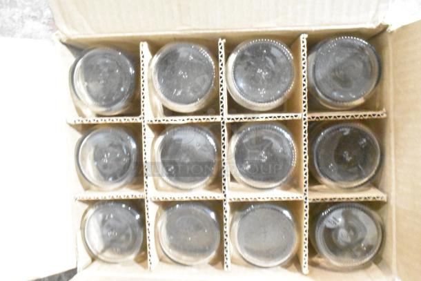 Box of 12 Qorpak Boston round bottles, scratch and dent condition, securely packed in cardboard dividers.