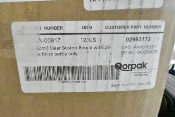 Qorpak Boston Round Bottles label on box, indicates 12 per case, marked for shipment to Dallas.