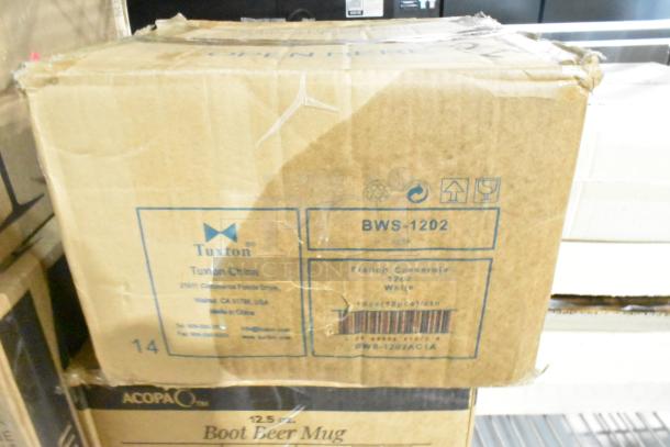 Tuxton BWS-1202 12 oz white china French casserole bowls and Acopa 12.5 oz boot beer mugs. Boxes labeled and sealed.