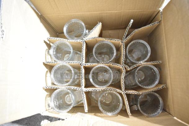 Box containing multiple glass Acopa 12.5 oz. Boot Beer Mugs, brand new, neatly arranged in cardboard dividers.