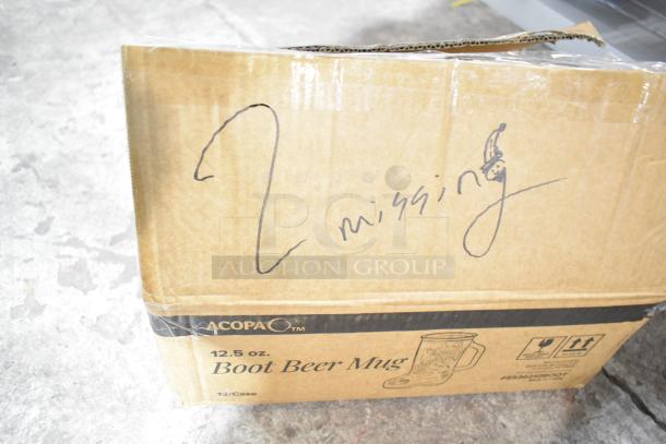 Cardboard box labeled "Acopa 12.5 oz. Boot Beer Mug," marked "2 missing" in black handwriting.