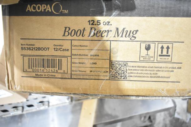Box of 12 Acopa 12.5 oz. Boot Beer Mugs, labeled with batch number 262508, gross weight 3.1 kg, made in China.