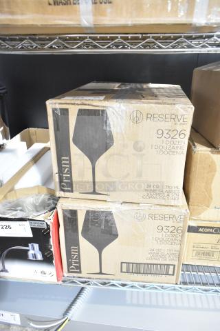 Boxes of Reserve by Libbey 9326 Prism 24 oz. customizable red wine glasses, scratch and dent condition, each holds 1 dozen glasses.