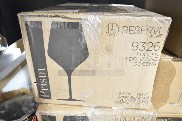 Box of 12 Reserve by Libbey 9326 Prism 24 oz. red wine glasses, customizable, scratch and dent condition.