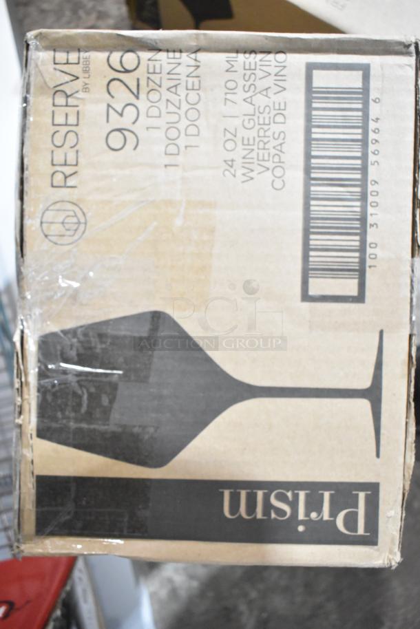 Box of Reserve by Libbey 9326 Prism 24 oz. red wine glasses. Scratch and dent, 12 glasses per box, customizable.