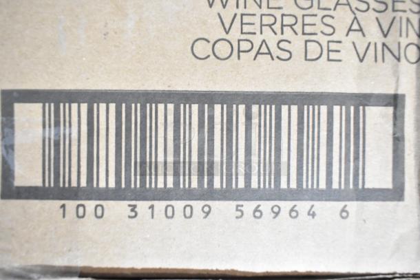 Barcode on a box labeled "Wine Glasses," indicating Libbey 9326 Prism 24 oz. Customizable Red Wine Glass.
