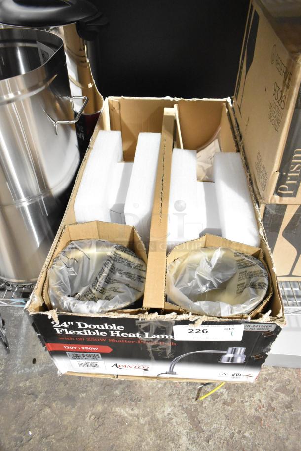 Avantco 177HLDBL24GD 24" Gold Double Arm Stainless Steel Heat Lamp, boxed. 120V, 1 Phase, scratch and dent condition.