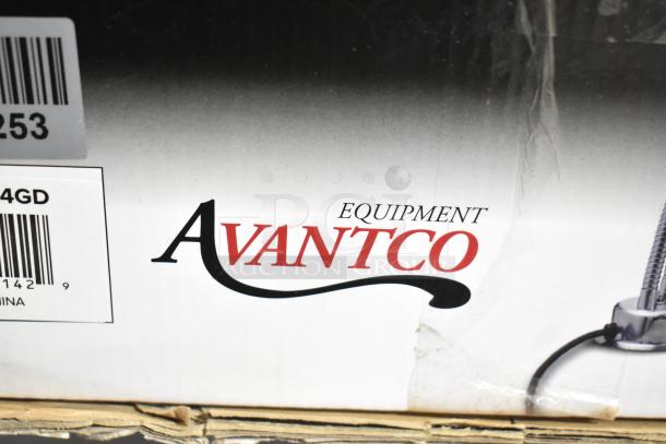 Brand new Avantco 177HLDBL24GD heat lamp in original packaging, with minor scratches and dents. 24" gold double arm, stainless steel.