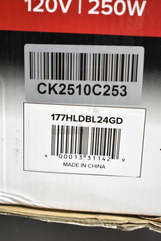 Barcode label for Avantco 177HLDBL24GD 24" gold double arm heat lamp, 120V, 1 phase, brand new, scratch and dent. Made in China.