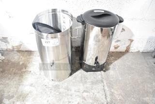 2 brand new coffee urns: Galaxy 100 Cup and Bunn Beverage Holder. Stainless steel, single wall, slight scratches and dents.