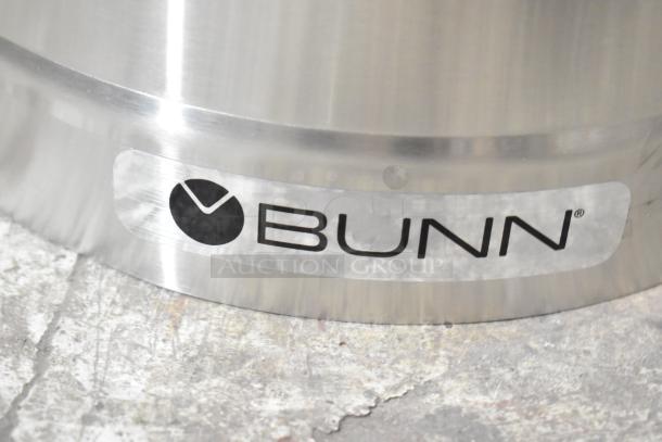 Bunn Beverage Holder Dispenser with logo, stainless steel finish, part of auction with Galaxy 100 Cup Coffee Urn. Brand new condition.