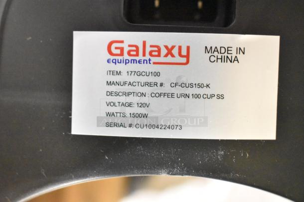 Galaxy 100 Cup Stainless Steel Coffee Urn label showing item, voltage, wattage, and serial number. New condition.