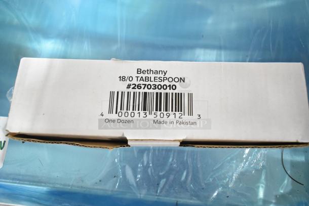 Box of Bethany 18/0 stainless steel tablespoons, model #267030010, one dozen, made in Pakistan.