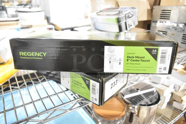 Regency 600FD810 deck-mounted faucet, 8" centers, 10" swing spout, 2.0 GPM, new condition, boxed with labels.