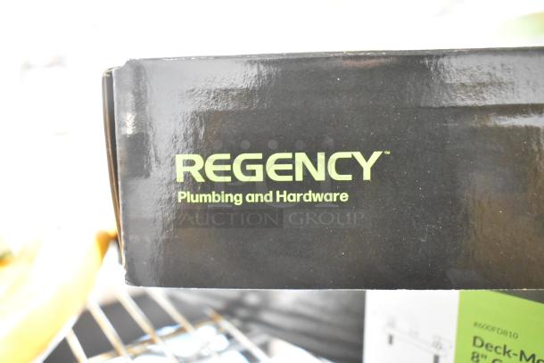 BRAND NEW Regency 600FD810 deck-mounted faucet with 8" centers, 10" swing spout, scratch and dent condition.