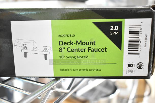 Brand new 600FD810 Regency deck-mounted faucet with 8" centers, 10" swing spout, 2.0 GPM, and NSF certification.