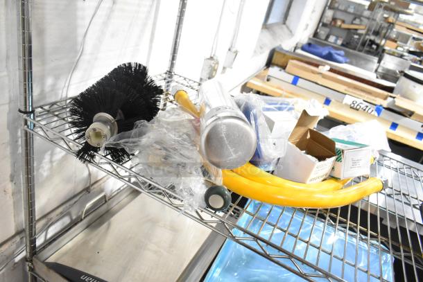 Nine brand new items including Pentair i2000 filtration cartridges, Dormont gas hoses, Regency gas pressure regulator. Packaging visible.