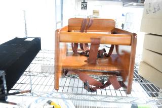 BRAND NEW Walnut Wood Booster Seat, model BS-200-MOD-W2, with T-Strap. Minor scratches, durable wood finish.