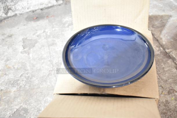 Blue ceramic plate on cardboard packaging, brand new condition, part of a scratch and dent auction lot with four other items.