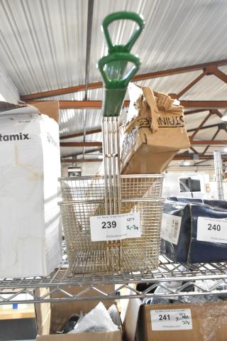 3 brand new scratch and dent items, including a Choice 17648013 3.5 oz Paneled Sherbet Dish and metal baskets. Item labeled as 239.