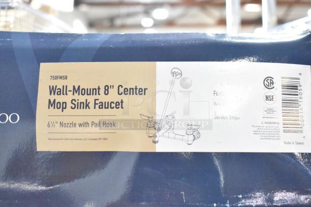 BRAND NEW SCRATCH AND DENT Waterloo 750FMS8 wall-mounted mop sink faucet, 8" centers, 6½" nozzle with pail hook, in packaging.
