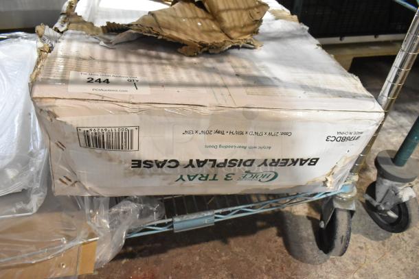 Brand new Choice 3 Tray Bakery Display Case with rear doors. Box slightly damaged. Dimensions: 21" x 17 3/4" x 16 1/2".