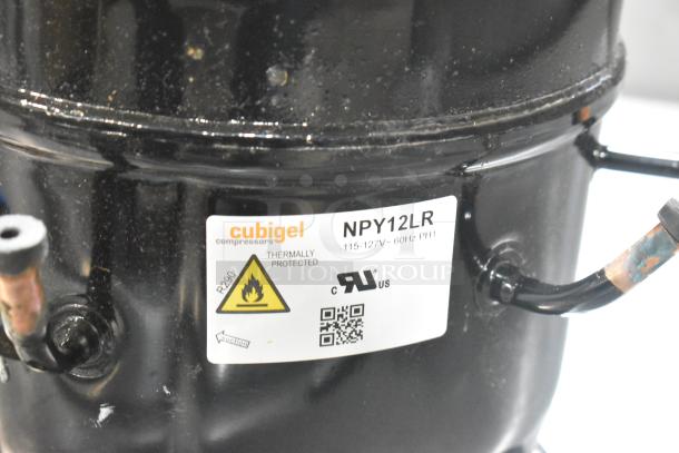 Brand new Cubigel NPY12LR motor, 115-127V, 1 phase. Thermally protected with safety label and certifications visible.