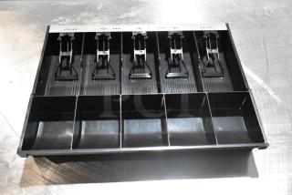 Brand new cash drawer insert, black, 5 bill compartments, 8 coin slots, compatible with standard cash drawers, sturdy build.
