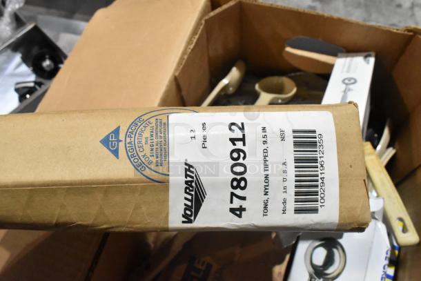 Brand new Vollrath 4780912 tongs, nylon-tipped, 9.5 in, with various scoopers and dippers. Made in USA, NSF certified.