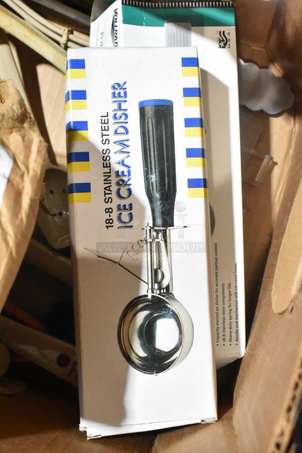 Boxed 18-8 stainless steel ice cream disher with black handle, labeled for portion control. Includes Vollrath 4780912 tongs.