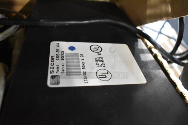 SICOM POS monitor, model 1800-05 VGA, serial 600729, shown with UL certification label.