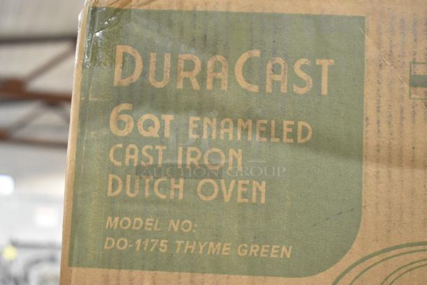 Brand new Mueller DuraCast 6 qt enameled cast iron Dutch oven, model DO-1175, Thyme Green, in original packaging.