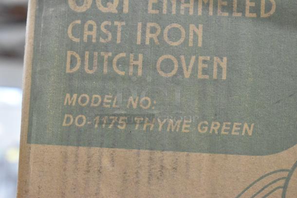 Mueller DuraCast 6 qt enameled cast iron Dutch oven, model DO-1175, thyme green, brand new in packaging.