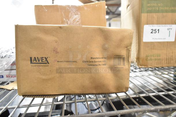 Brand new Lavex 712SSSD40VL 40 fl. oz. stainless steel soap dispenser box, with manufacturer and model details.