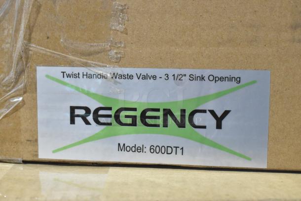 Brand new Regency 600DT1 Twist Handle Waste Valve for 3 1/2" sink opening, shown in original packaging with label.