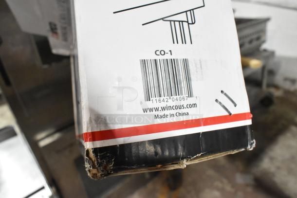 BRAND NEW Winco CO-1 manual can opener with base, blade, gear, installation kit; damaged box corner, Made in China label.