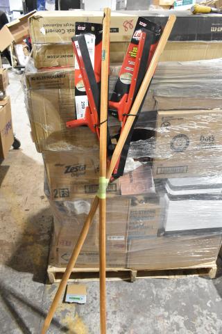 2 Brand new Libman 1038 24" straight floor squeegees with 60" wood handles, sealed packaging, red and black design.