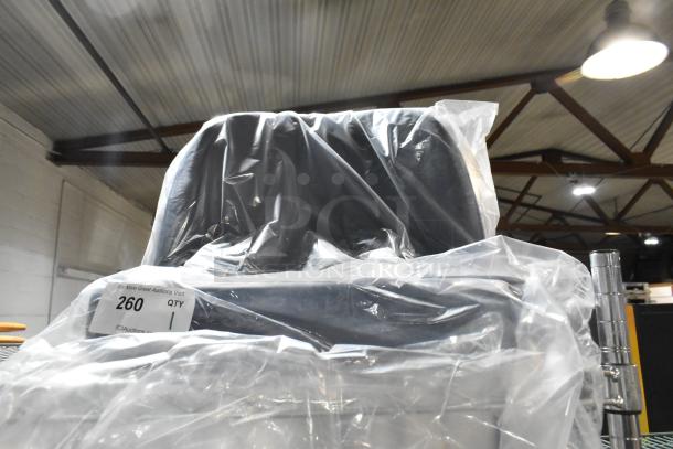 Brand new blue bar stool seat in protective plastic, pristine condition. Visible label indicating lot number 260 for auction.