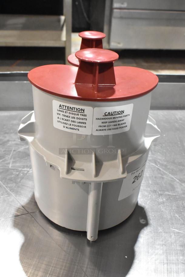 Brand new Robot Coupe gray poly feed head for food processor, with caution labels. Scratch and dent condition.