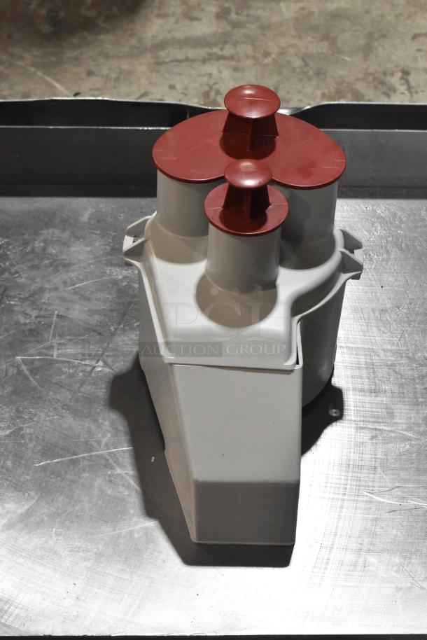 Brand new Robot Coupe gray poly continuous feed head for food processor, minor scratches, unique design.