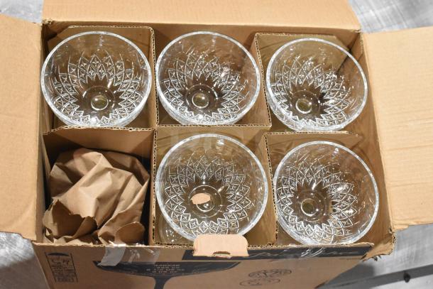 Box of 5 Pasabahce glasses, brand new with minor scratches and dents, in original packaging, intricate geometric design.