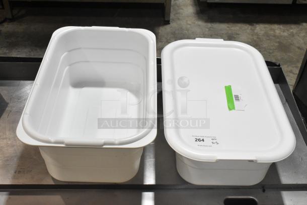 Two new Ayrking HPB303 and HPB325 white plastic lugs, one with a hole. Includes labels and auction markings.