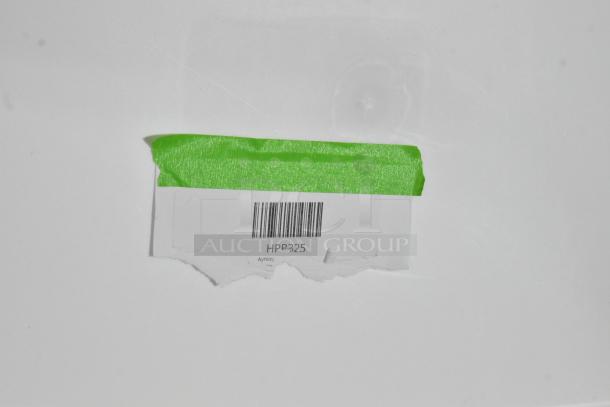 Barcoded label "HPP325" with green tape on white background, indicating product identification.